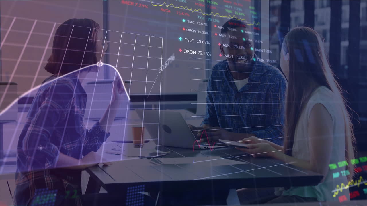 Animation of financial data processing over diverse colleagues discussing work in office