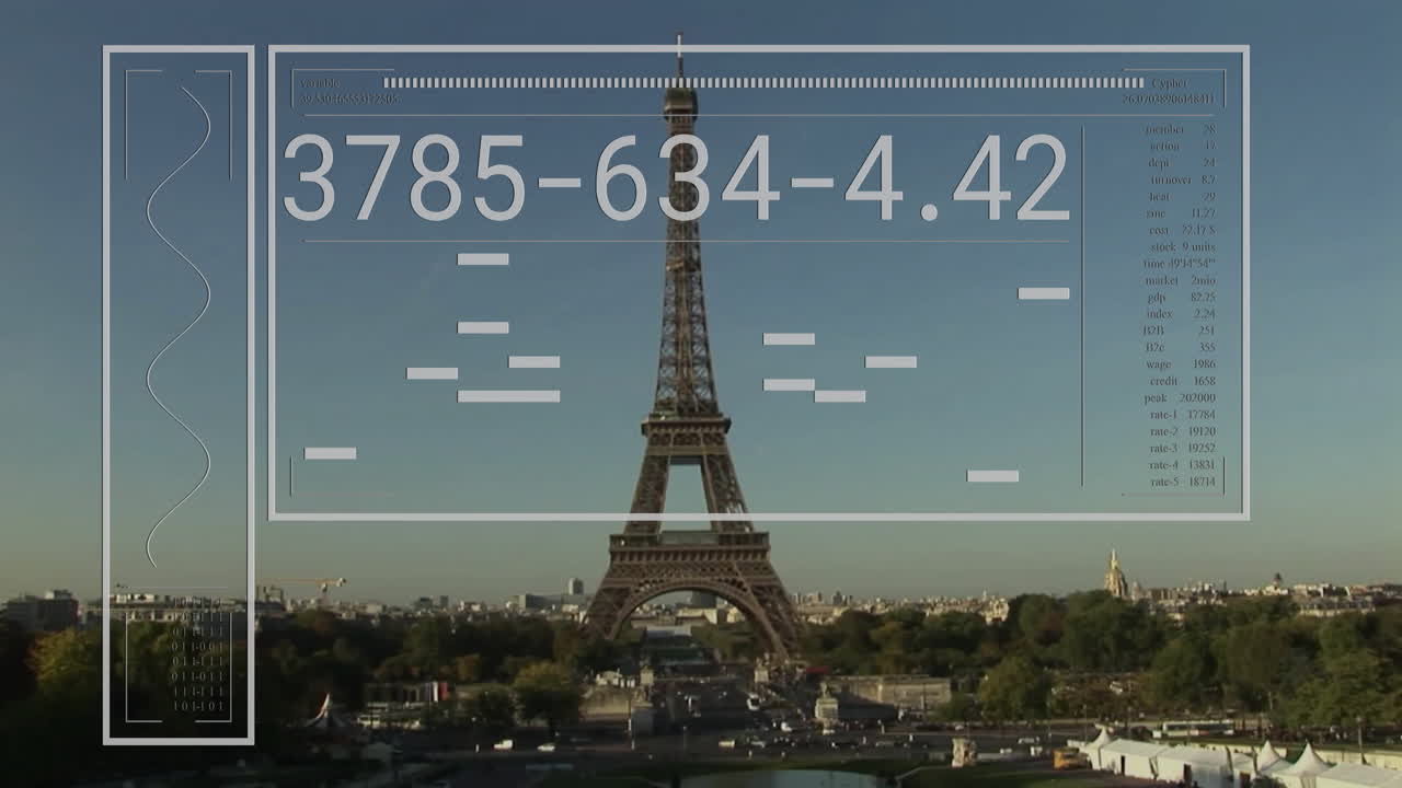 Data processing animation overlaying Eiffel Tower and Paris cityscape