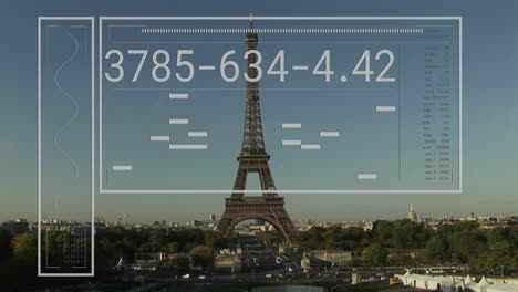 data processing animation overlaying eiffel tower and paris cityscape