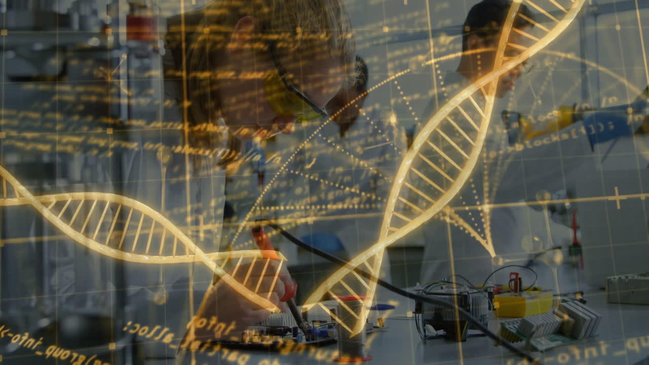 In laboratory, scientists analyzing DNA strand with data processing animation overlay
