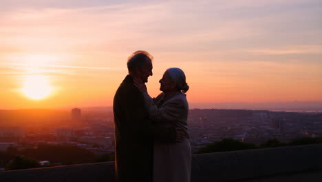 an elderly couple embracing at sunset overlooking the city