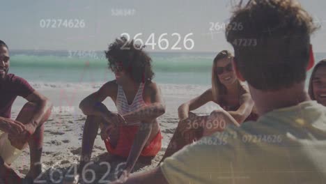 Animation-of-numbers-over-diverse-friends-at-beach