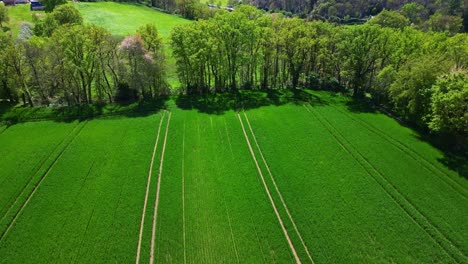 Countryside-landscape-in-spring,-France.-Aerial-drone-backward