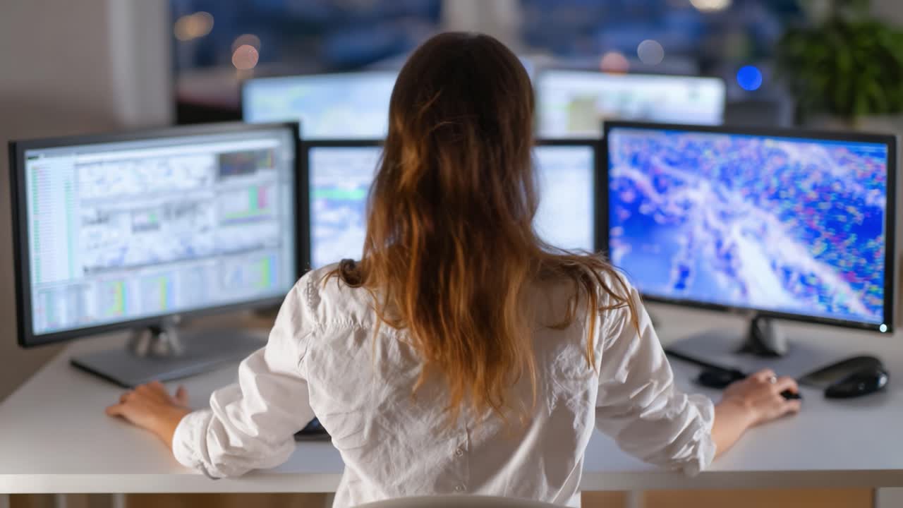 A Focused Individual Analyzes Data on Multiple Monitors in a Modern Workspace, Representing the Intersection of Technology and Information Processing