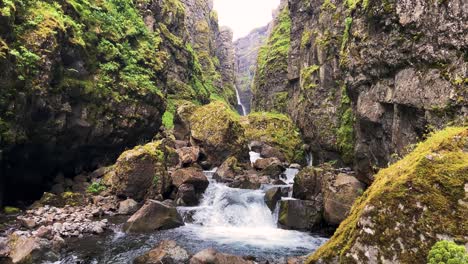 moss-covered cliffs with a waterfall in a lush icelandic canyon, cloudy daylight