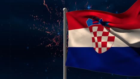 animation of flag of croatia over fireworks on black background