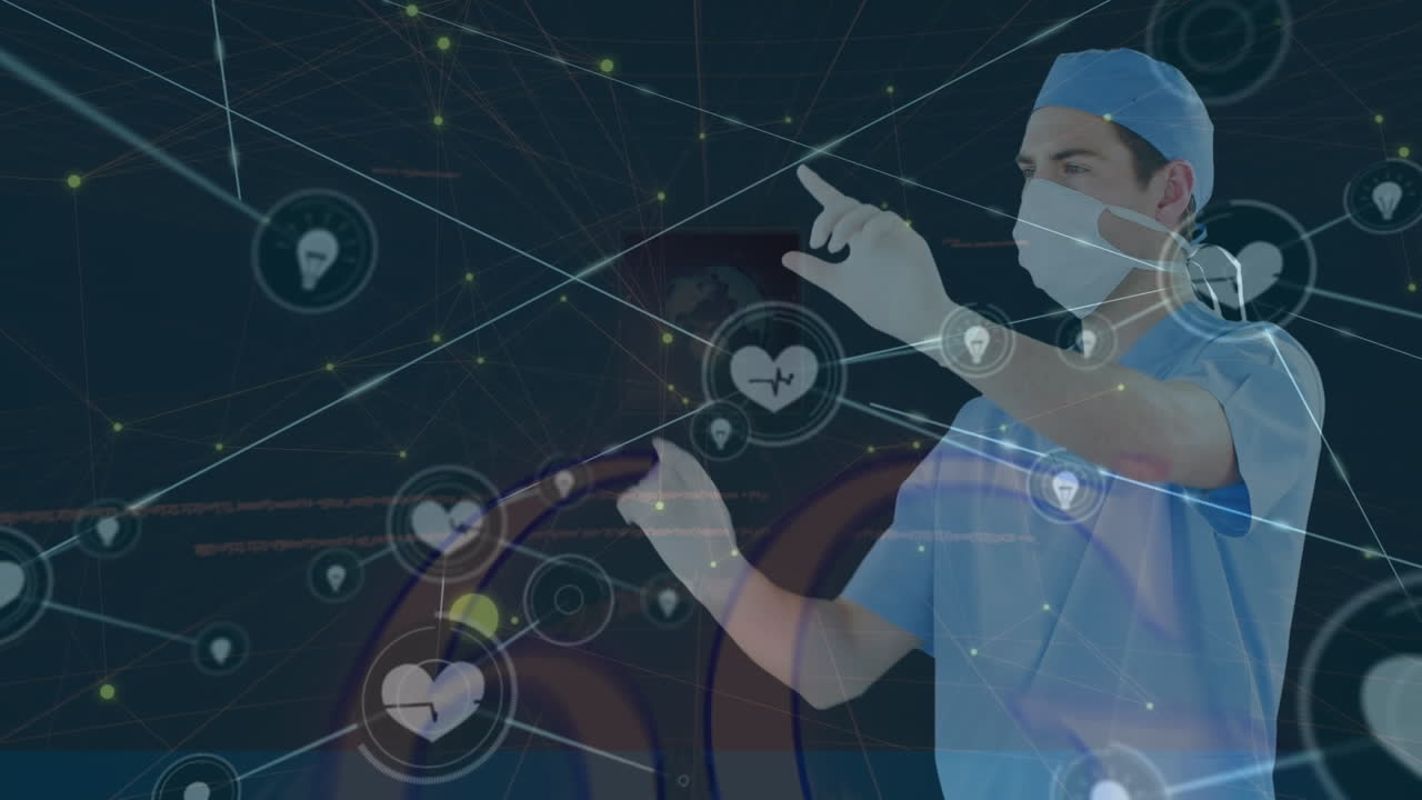 라인으로 연결된 점의 애니메이션, 미래주의 기술을 사용하여 마스크를 착용한 백인 외과 의사