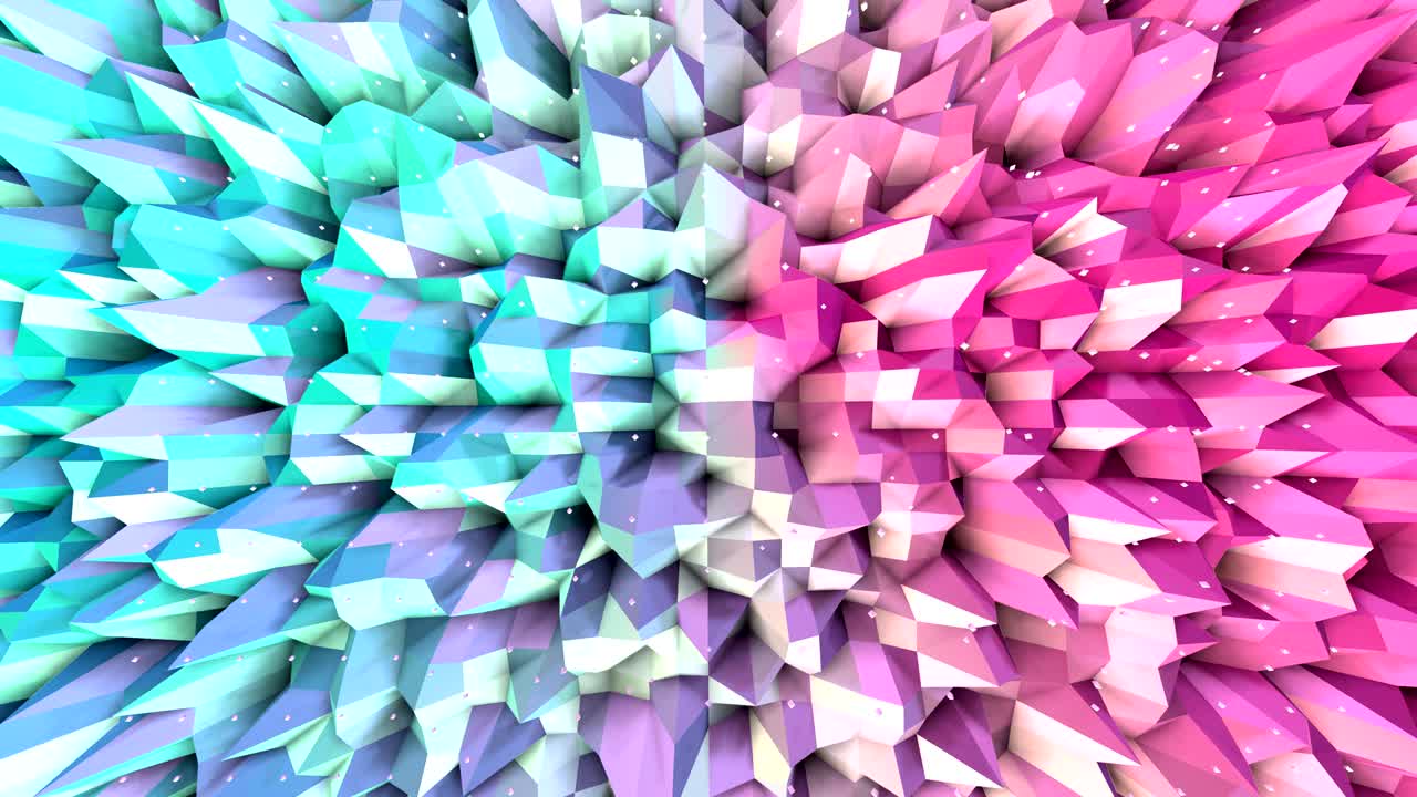 Abstract simple blue pink low poly 3D surface and flying white crystals as space background. Soft geometric low poly background of pure blue pink polygons. 4K Fullhd seamless loop background.