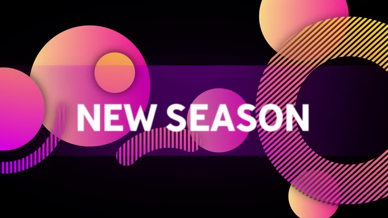 Animation of new season text over shapes on black background