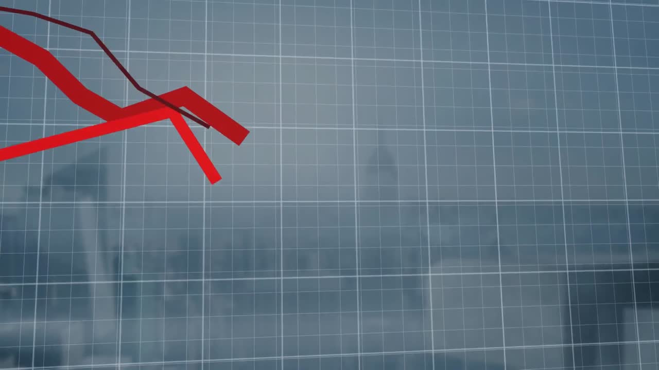 Animation of red lines with financial data processing over cityscape