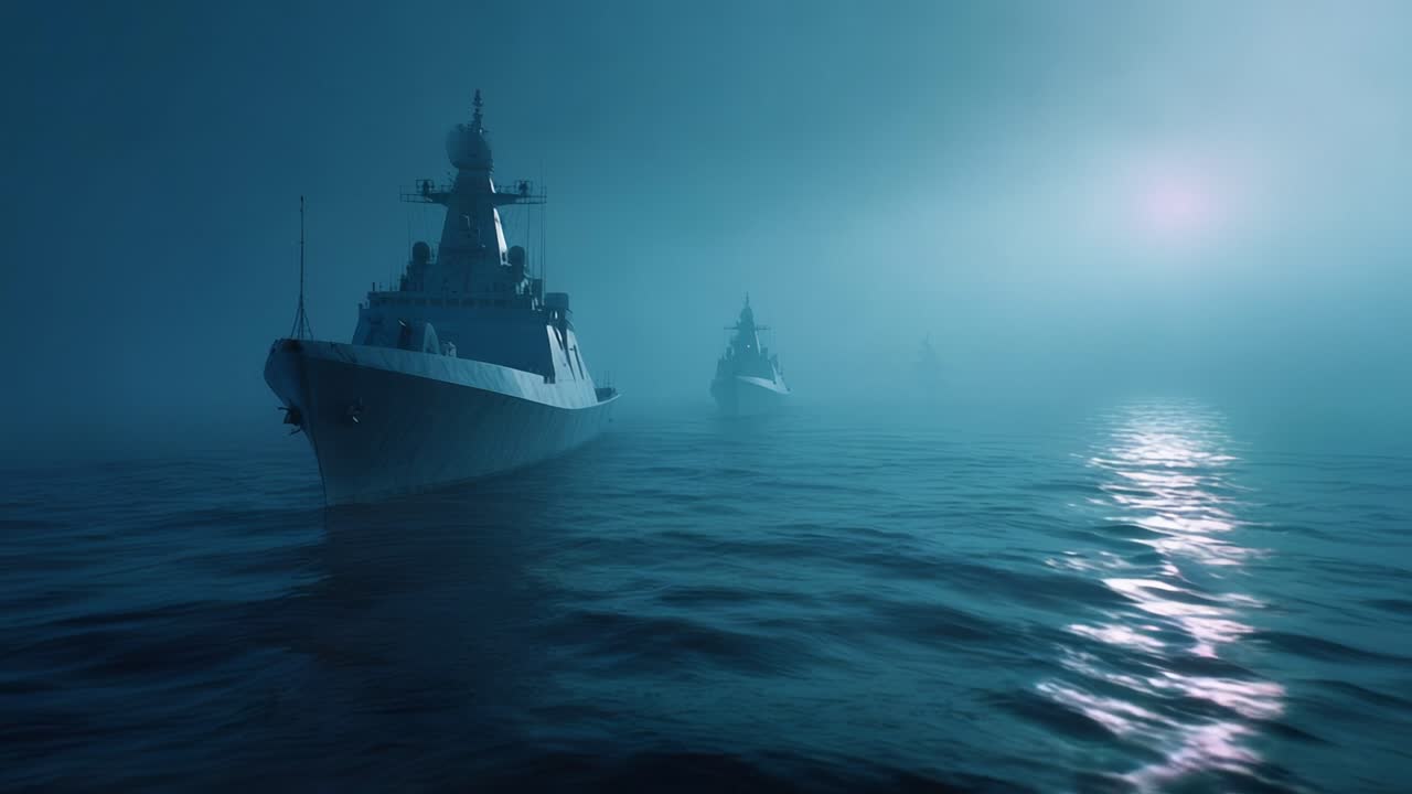 Nebliger Ozean mit lautlos fahrenden Kriegsschiffen. Schiffe erscheinen durch den nebligen Dunst. Mondlicht spiegelt sich sanft auf der Wasseroberfläche wider. Die Stimmung wirkt angespannt und geheimnisvoll. Geeignet für Militär, maritime Anwendungen.