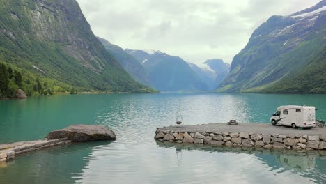 family vacation travel rv, holiday trip in motorhome. beautiful nature norway natural landscape.