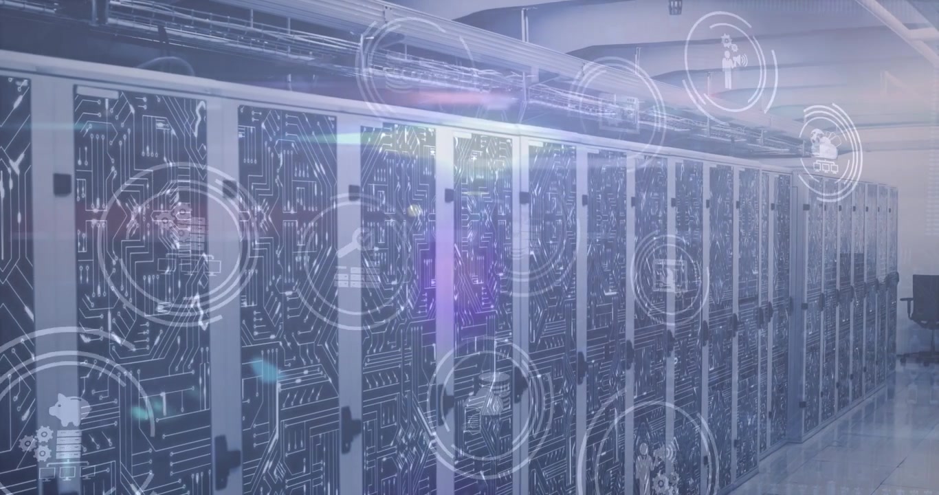 Animation of digital icons, light spot and microprocessor connections against computer server room