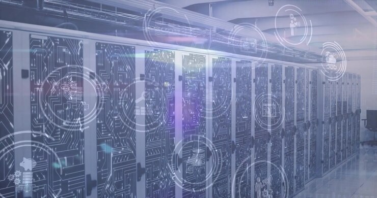 Animation of digital icons, light spot and microprocessor connections against computer server room