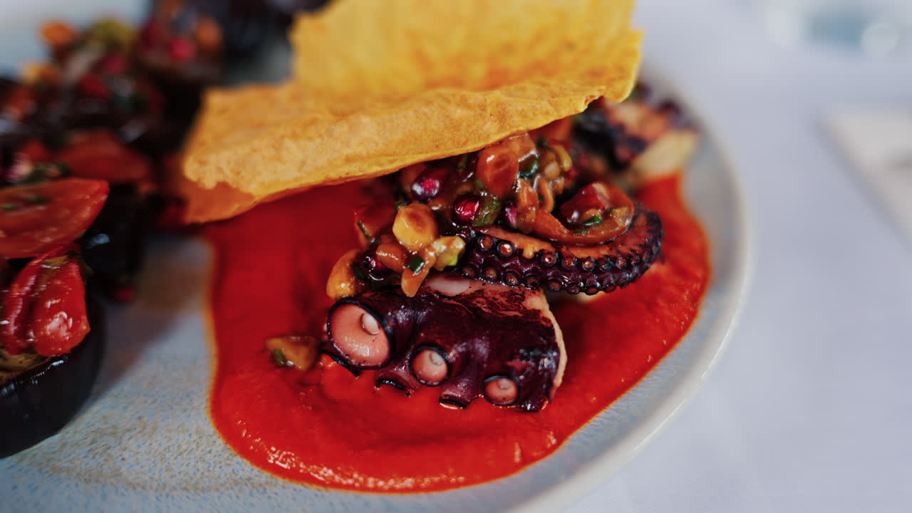 Close up of grilled octopus on a plate, garnished with a rich red sauce