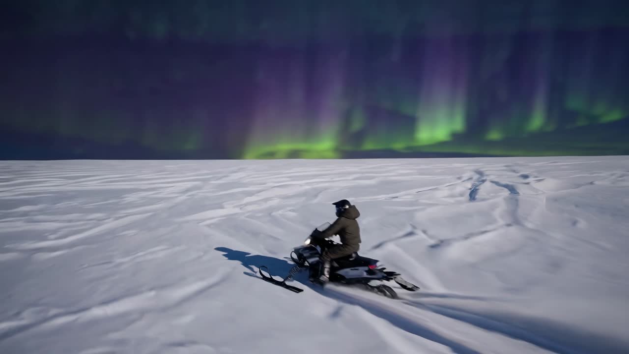 A wide-angle shot captures a person on a snowmobile under vibrant northern lights, evoking a sense