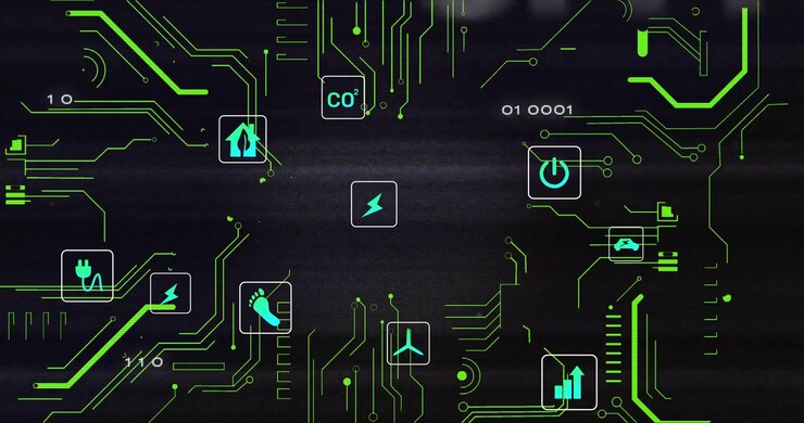 On start energy icons floating inward, circuit lines linking icons, expanding green network