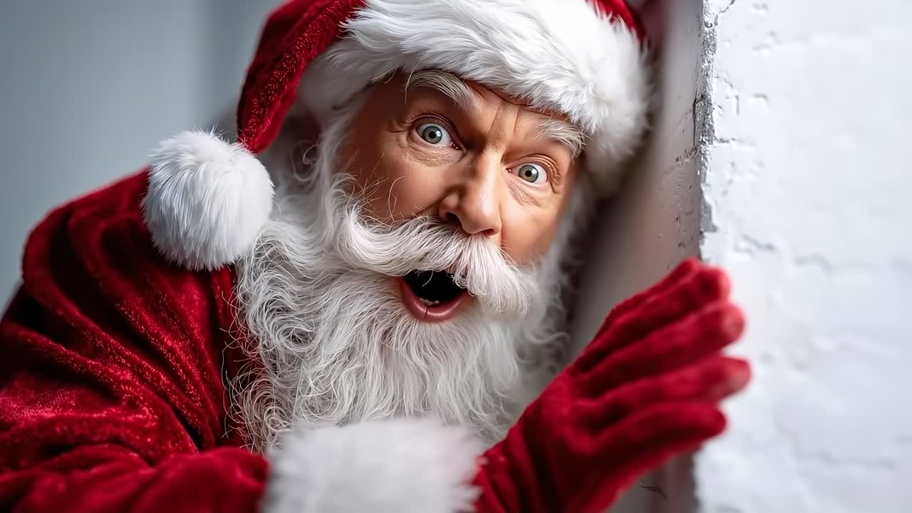 A man in a santa claus suit peeking out from behind a wall