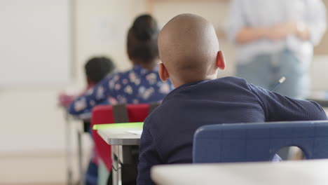 in school, students sitting at desks and listening to female teacher in classroom