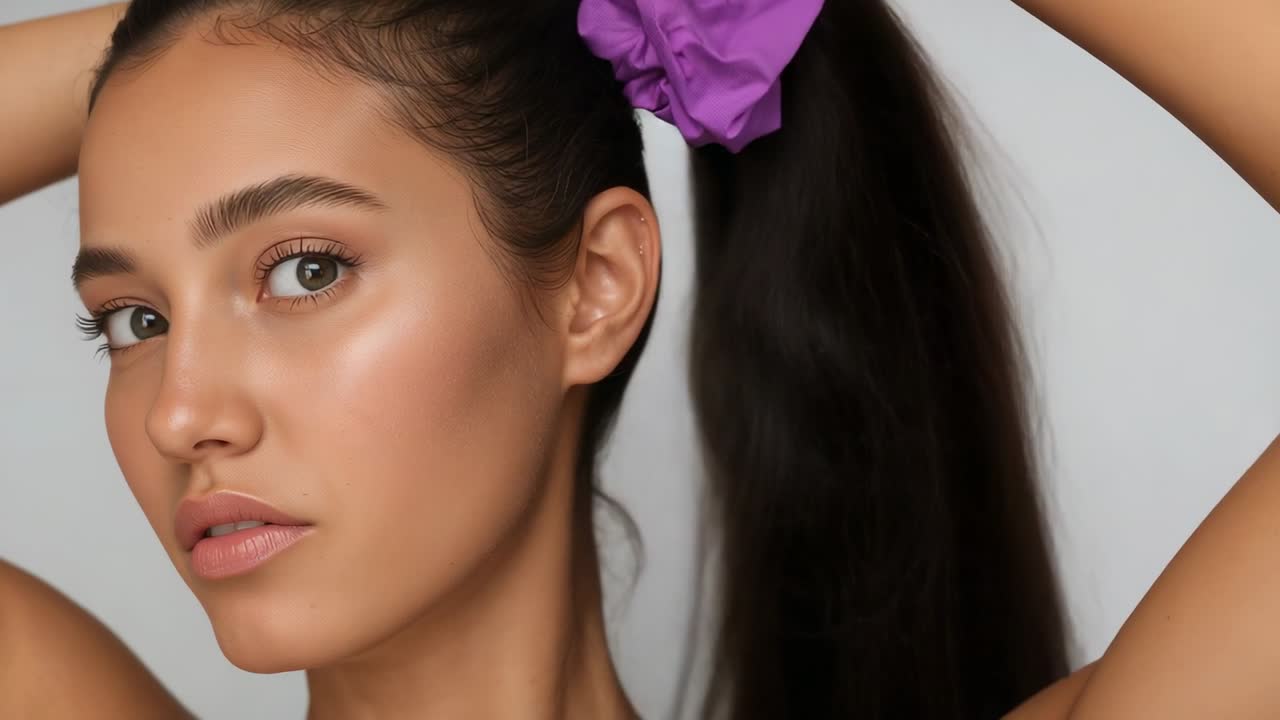 Gathering strap top model securing long dark hair into ponytail on pale backdrop, purple scrunchie