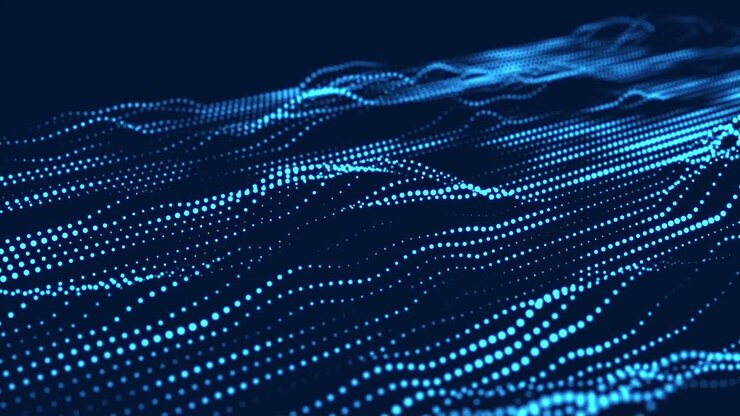 Abstract flow of luminous particles on dark background. Movement of colored dots. Big data visualization. 3D rendering. Seamless loop. 4k