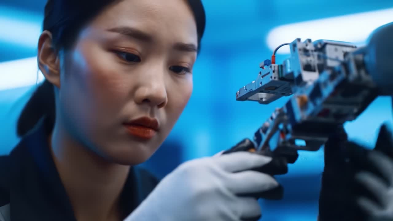 A skilled engineer adjusts intricate components of a robotic device in a high-tech lab. The atmosphere showcases a blend of creativity and precision, emphasizing hands-on work in robotics.