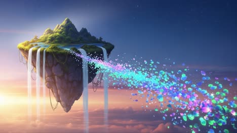 a fantastical floating island with cascading waterfalls and vibrant colorful particles, set against a dreamy sky: a journey through imagination and wonder