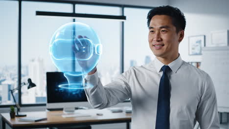 businessman interacting with virtual reality hologram in modern office