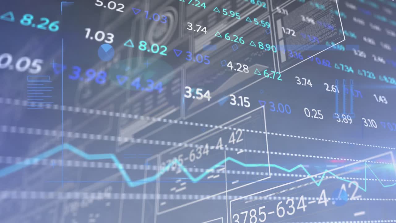 회색 배경에서 데이터 처리에 대한 인터페이스를 통해 증권 시장 데이터 처리의 애니메이션