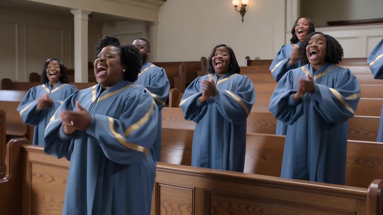 Clapping lead singer initiating joyful refrain, choir singing in church pews wearing blue robes