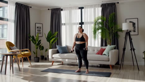 mujer haciendo ejercicio con pesas en la sala de estar