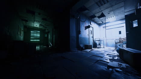 corredor abandonado y habitación con iluminación misteriosa en un edificio antiguo