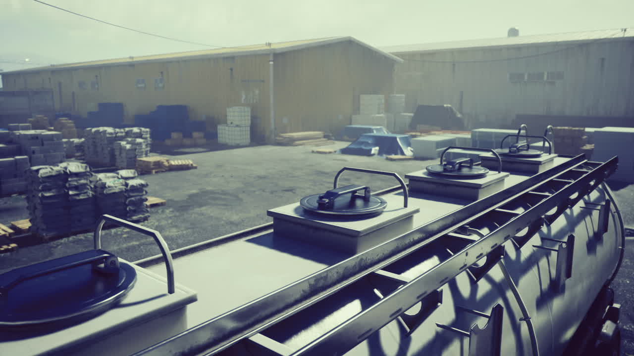 저장용 컨테이너와 크를 가진 산업 현장, 구름이 많은 하늘 아래