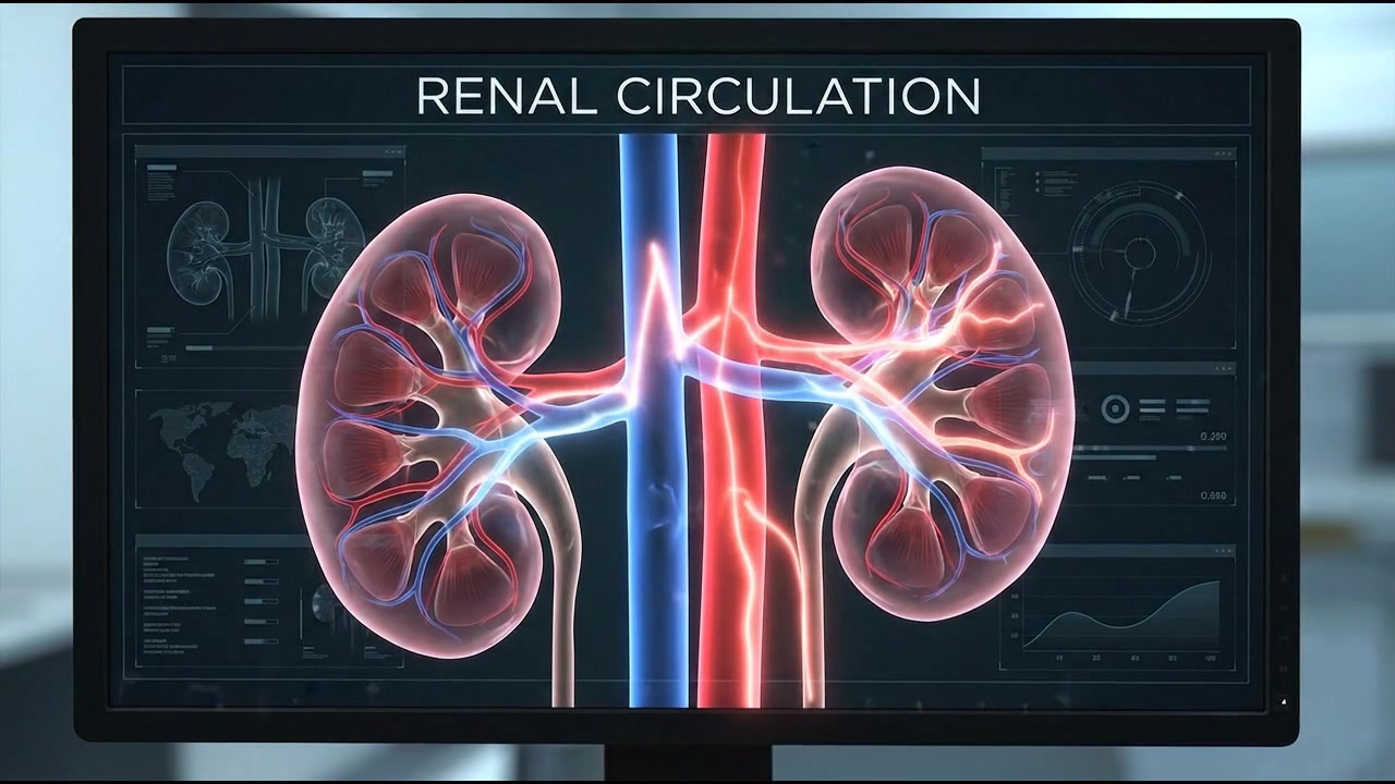 Paired kidneys with renal arteries and veins on digital circulation display