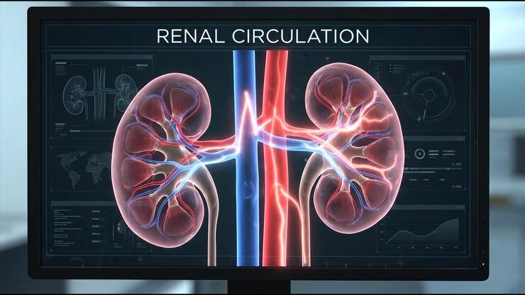 Paired kidneys with renal arteries and veins on digital circulation display