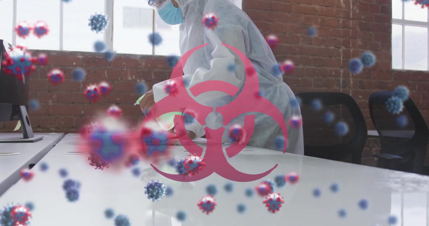 Animation of covid virus cells over woman wearing face mask