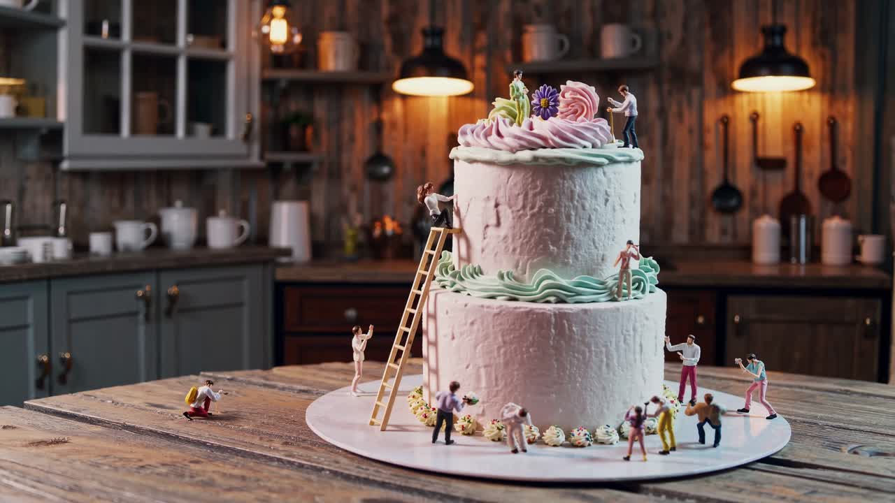 Miniature workers are decorating a giant two tiered cake with pink and green frosting, flowers and sprinkles, while others are taking pictures, in a cozy kitchen setting