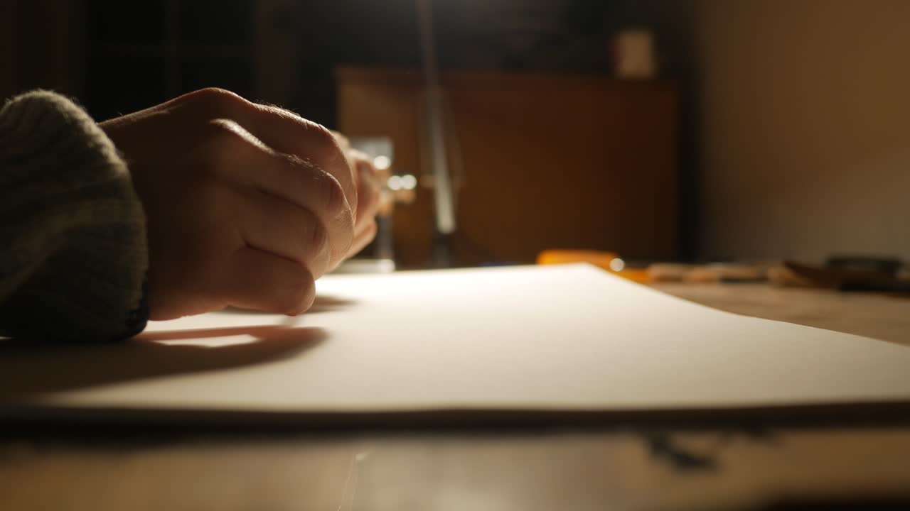 Creative crisis, hand holding colored pencil over blank paper, close up