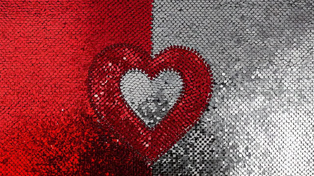 La luce dello studio in movimento proietta bagliori su paillettes reversibili che formano un cuore esterno rosso e interno argento
