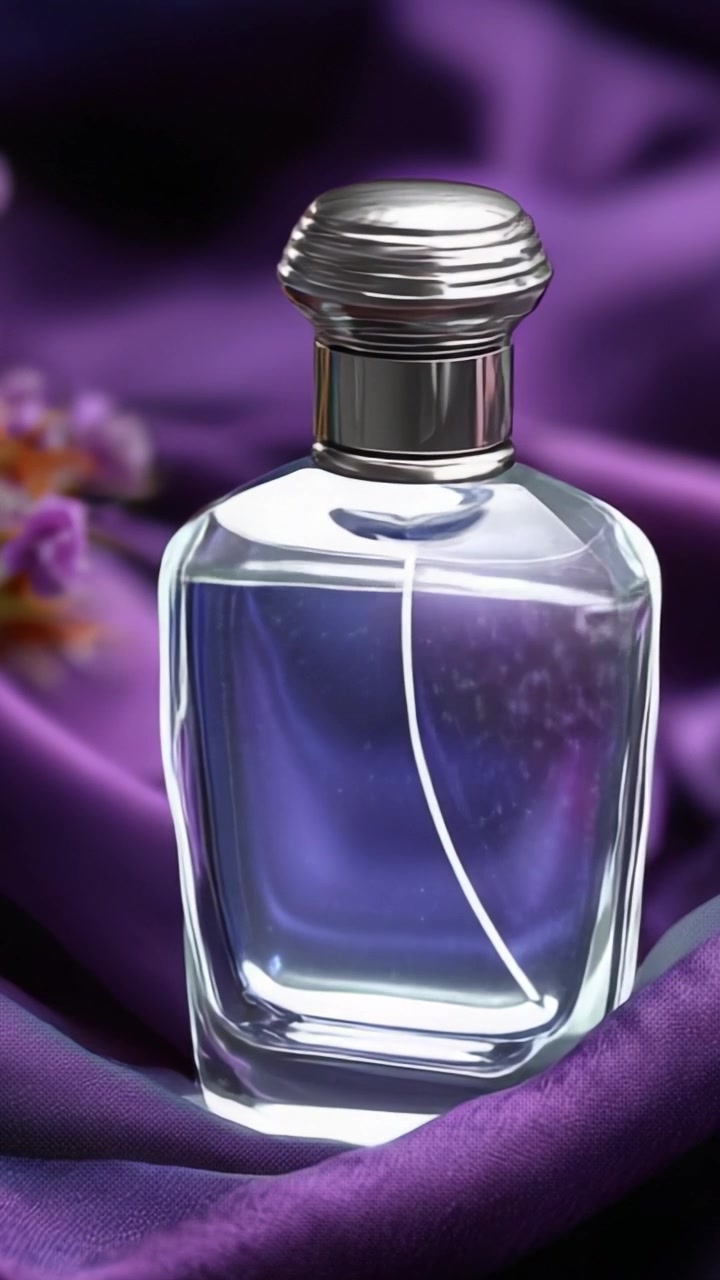 Elegante flacone di profumo viola ambientato su uno sfondo di seta viola lussuosa, che cattura l'essenza della sofisticazione e un'esperienza olfattiva raffinata.