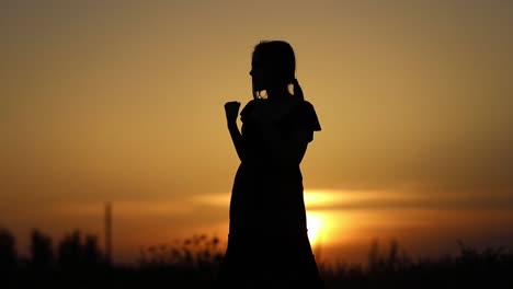 Silhouette-of-unrecognizable-woman-punching-the-air-during-sunset-in-outdoors,-sport-boxing-and-training-concept