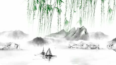 animación de arte digital oriental tradicional de china, pintura china tinta en la montaña con flores, árbol, pájaros, río en la niebla obra de arte de fondo