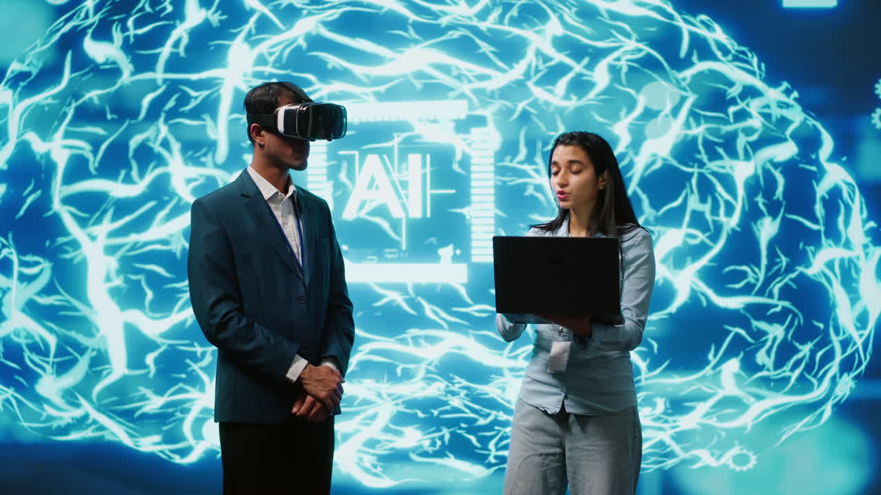 Team of programmers interacting with AI visualization using VR