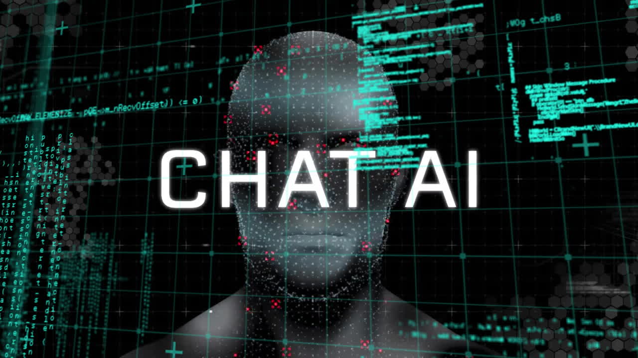 Animation of chat ai text, computer language and human representation over black background