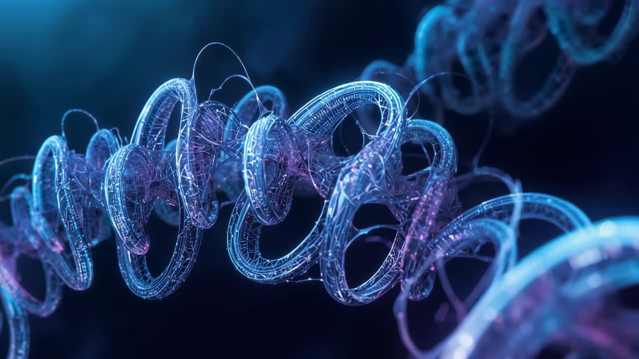 Lighting pulsing, translucent torus coil rotating forward in dark blue void, revealing inner wiring
