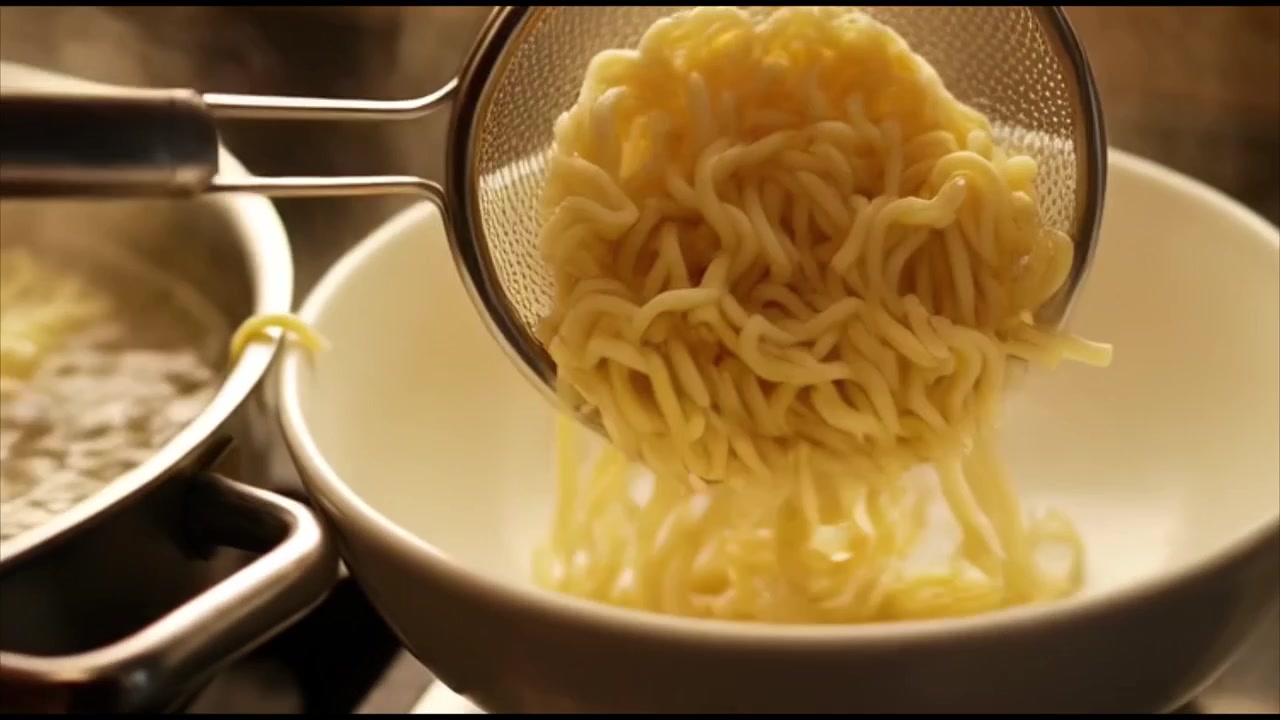 Chef che usa uno scolapasta per rimuovere i noodles bolliti dalla pentola