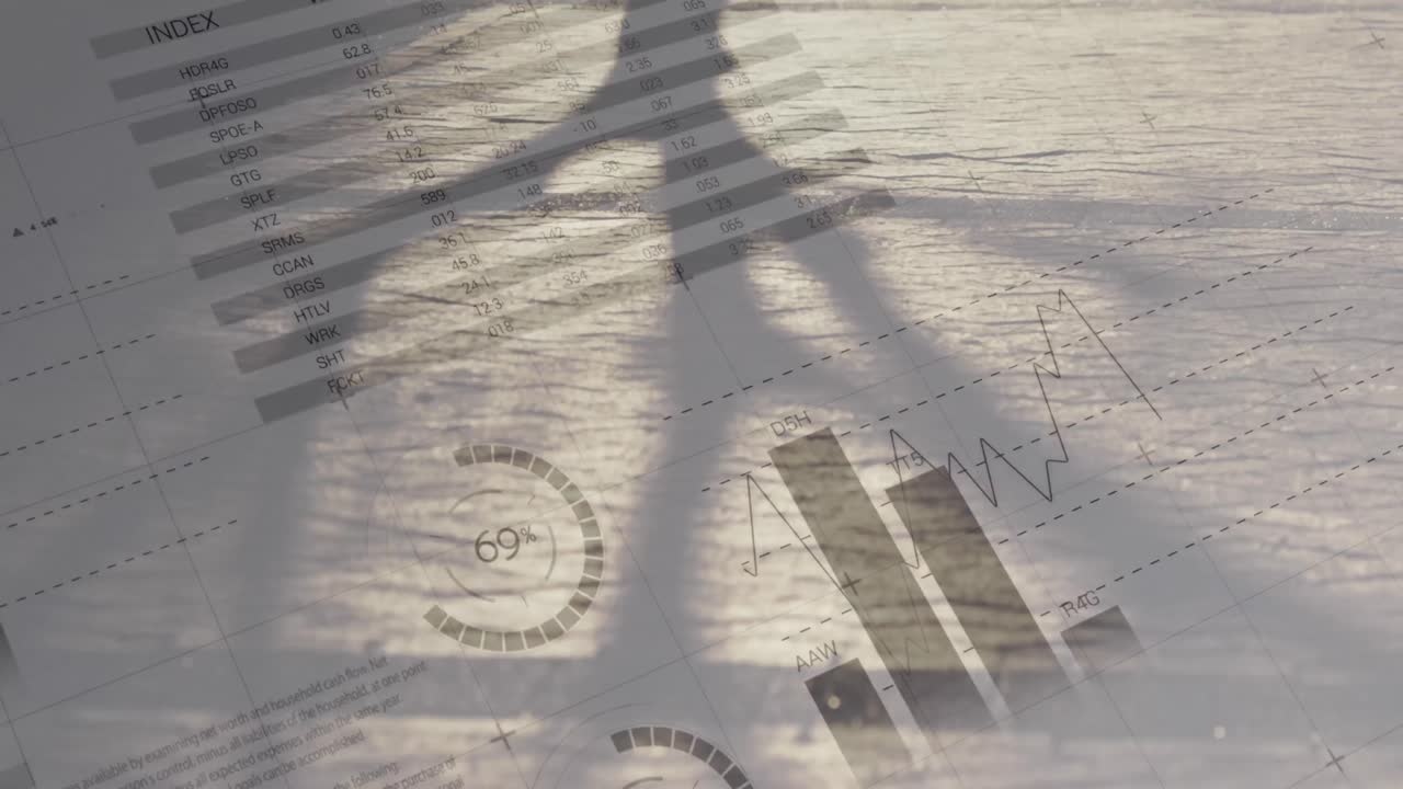 4k 배경에 금융 데이터와 함께 걸어가는 사람들