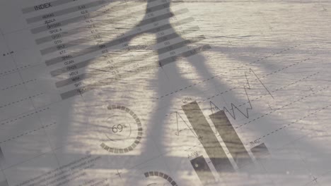 caminando personas con datos financieros en el fondo 4k