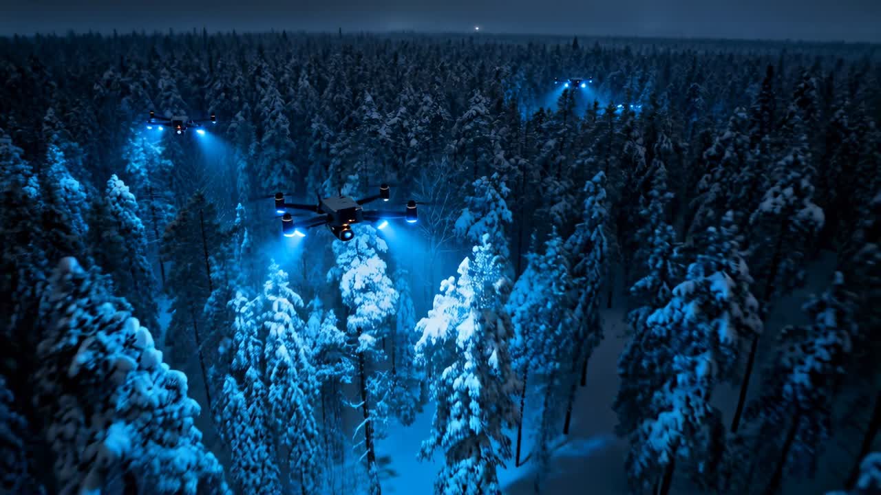 Nelikopteri etenee kaukokäskyn jälkeen suorittaen metsäseurantaa sinisin kohdevaloin.