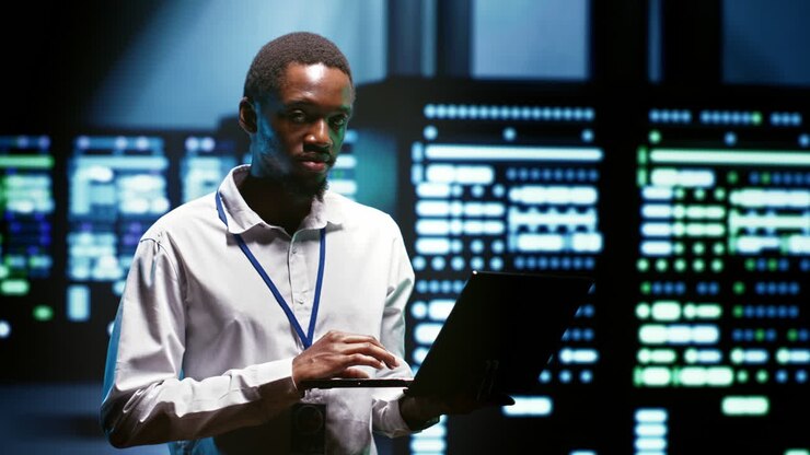 Expert using tablet to analyze servers